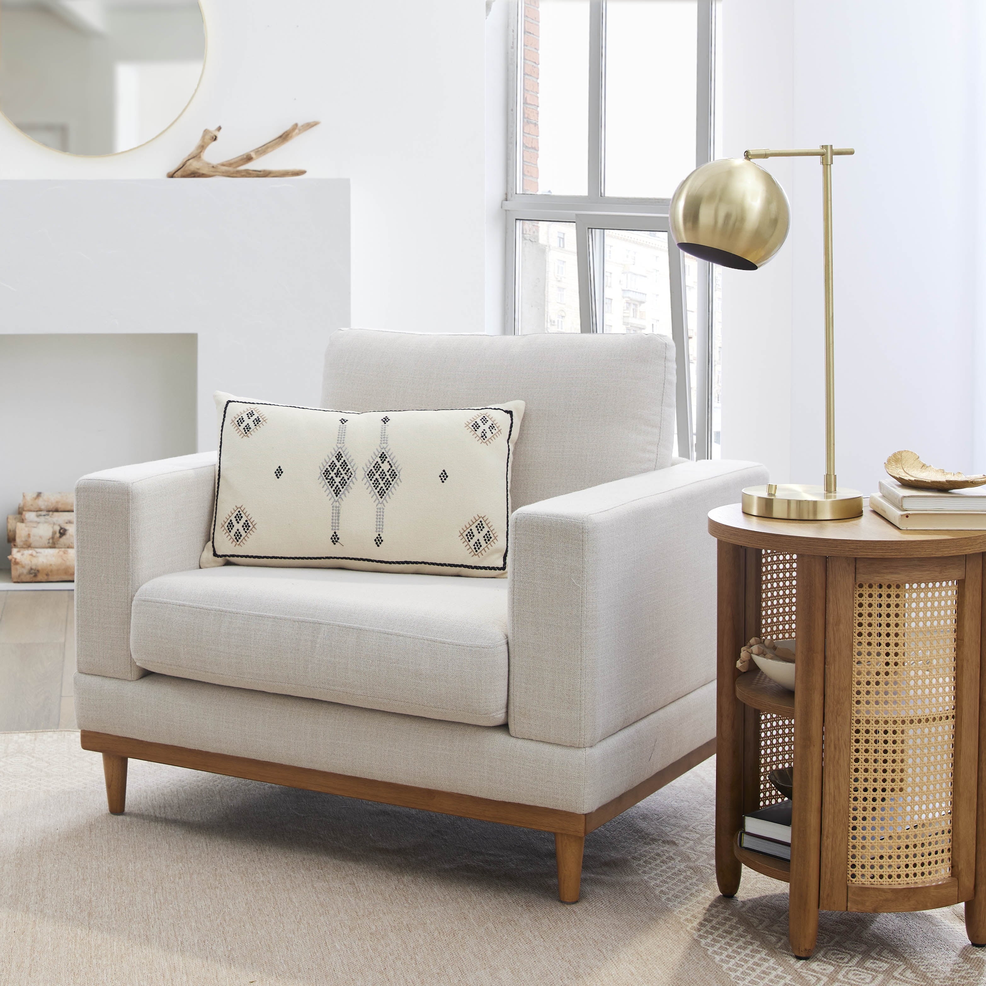 Cream linen wood frame accent chair