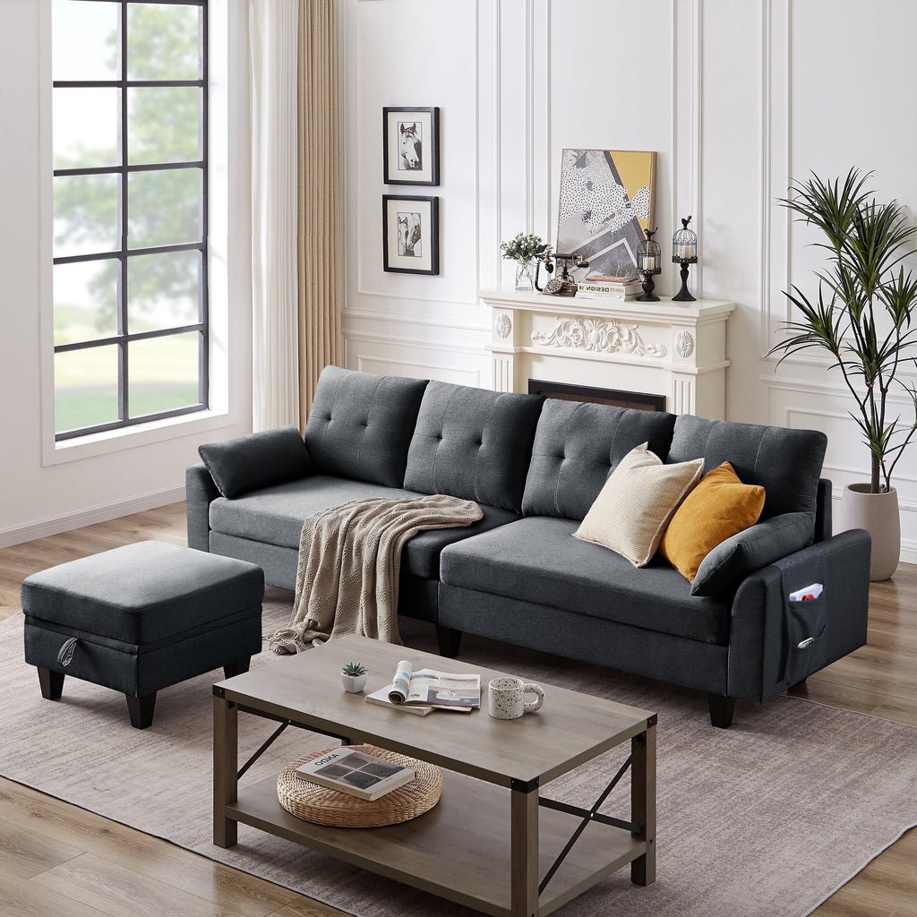 Modern Sectional Sofa with Reversible Chaise, Adjustable Backrest & Armrest, 4-Seat Convertible Couch