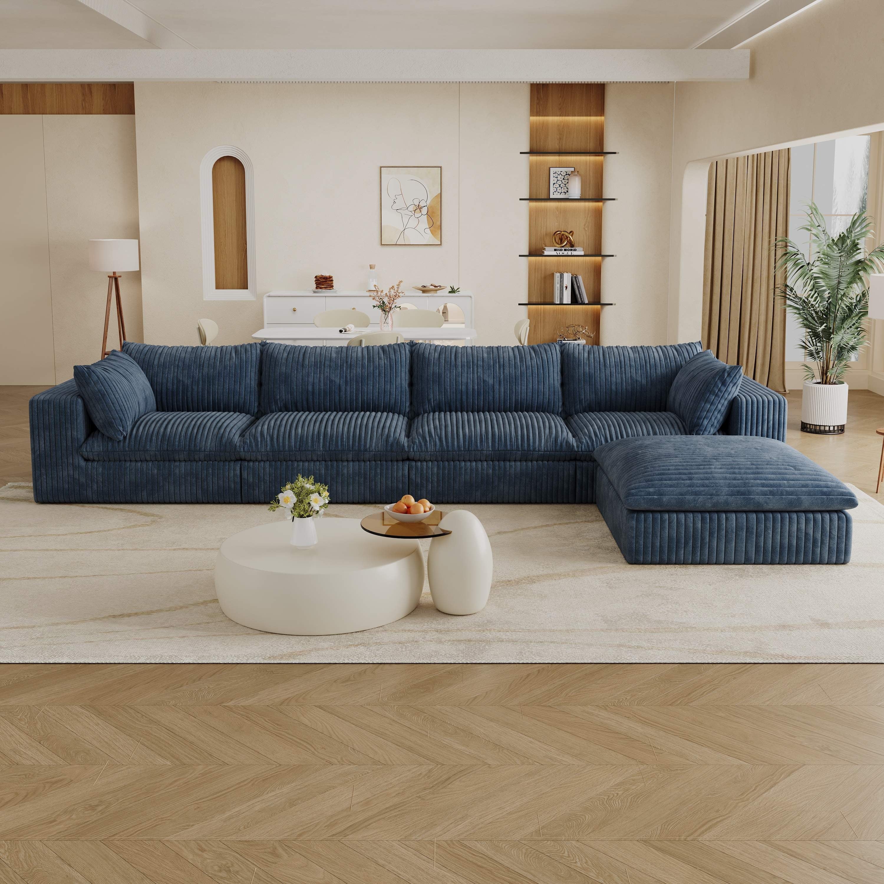 157.6” Corduroy Modular Sectional Sofa,L Shaped Sectional Sofa Couches with Movable Ottoman Chaise,Deep Seat Comfy Cloud Sofa for Living Room,Blue