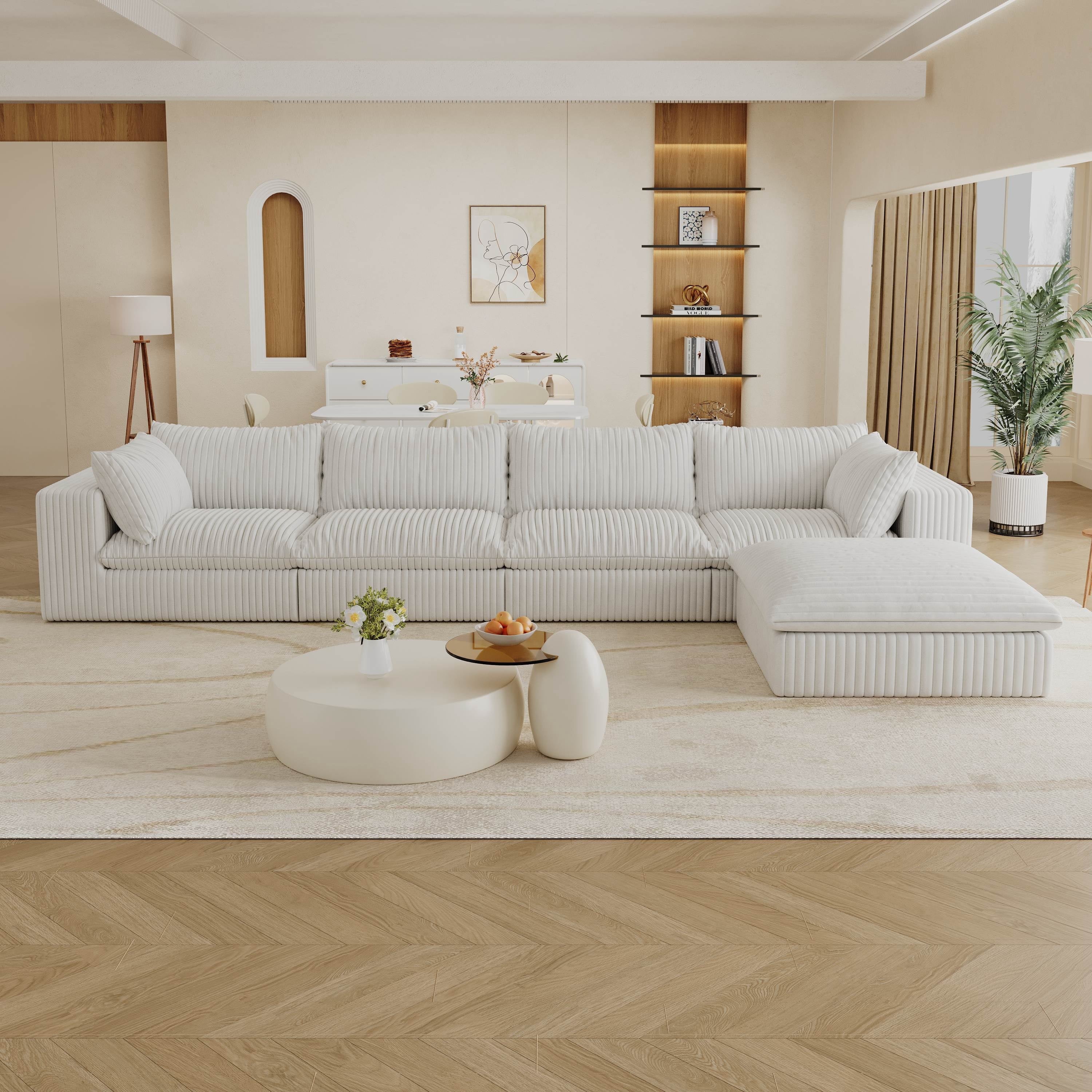 157.6” Corduroy Modular Sectional Sofa,U Shaped Sectional Sofa Couches with Movable Ottoman Chaise,Deep Seat Comfy Cloud Sofa for Living Room,Beige