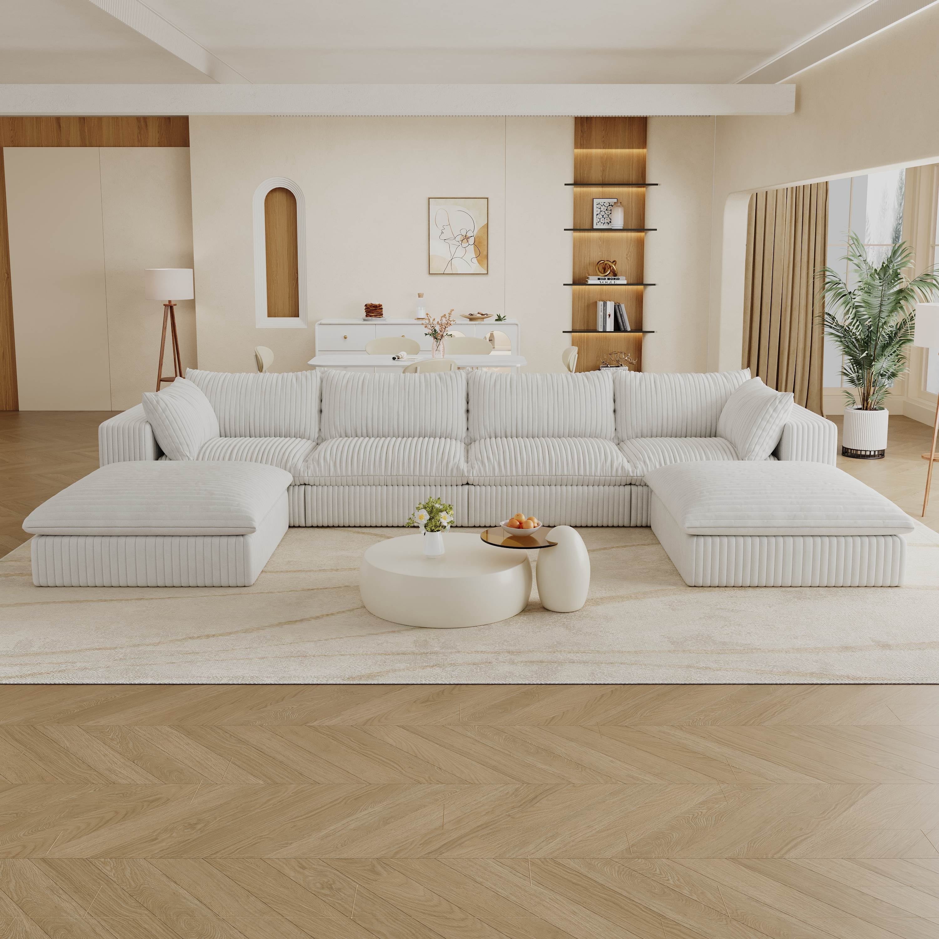 157.6” Corduroy Modular Sectional Sofa,U Shaped Sectional Sofa Couches with Movable Ottoman Chaise,Deep Seat Comfy Cloud Sofa for Living Room,Beige