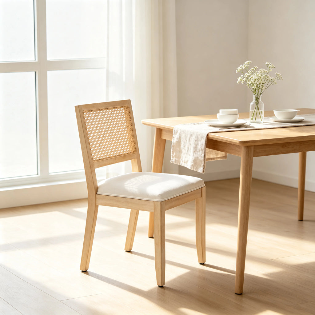 Farmhouse Rattan Dining Chairs Set of 2, Mid Century Modern Cane Kitchen Chairs with Natural Solid Wood Frame & Linen Upholstered Cushion, French Country Side Chairs for Dining Room Beige