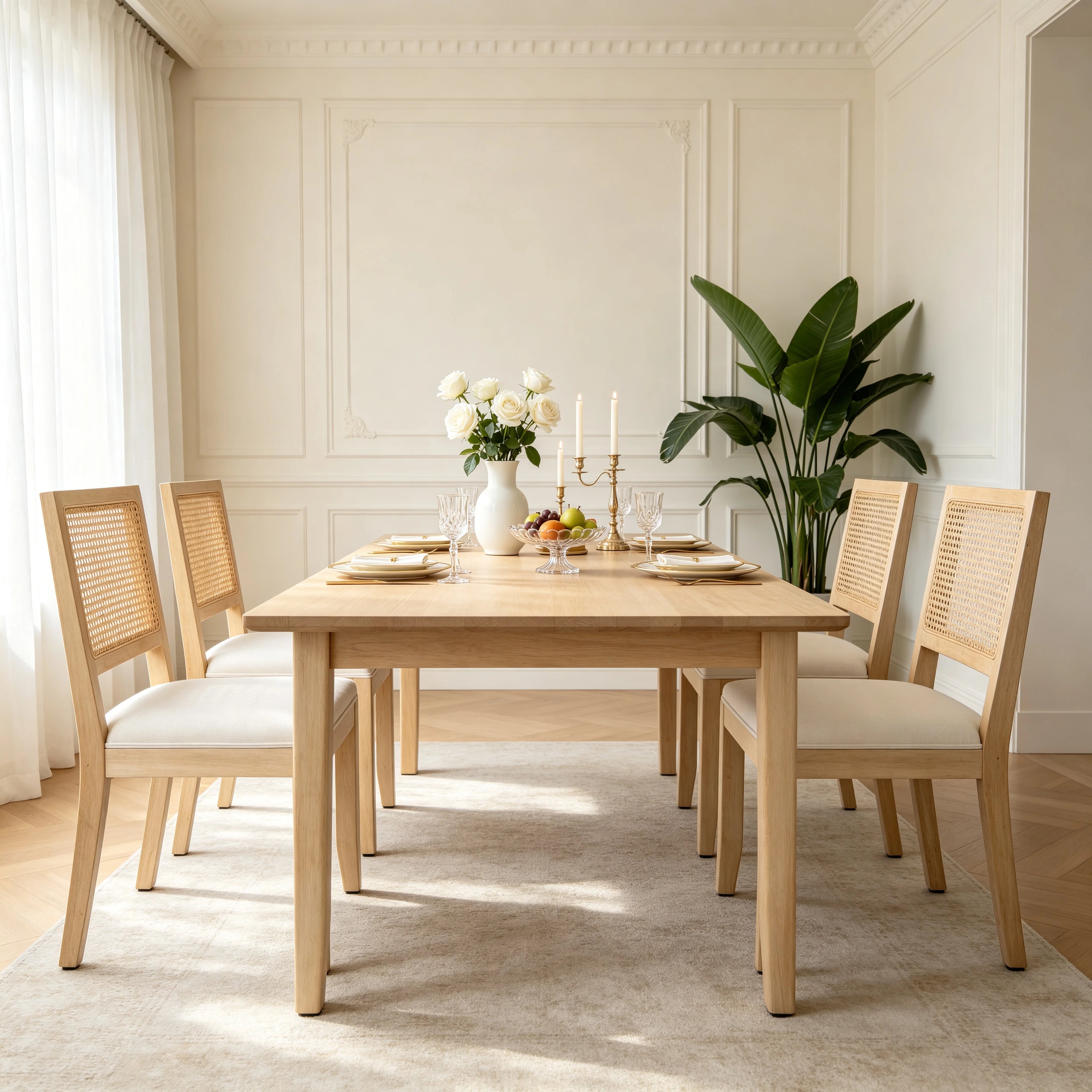 Farmhouse Rattan Dining Chairs Set of 2, Mid Century Modern Cane Kitchen Chairs with Natural Solid Wood Frame & Linen Upholstered Cushion, French Country Side Chairs for Dining Room Beige