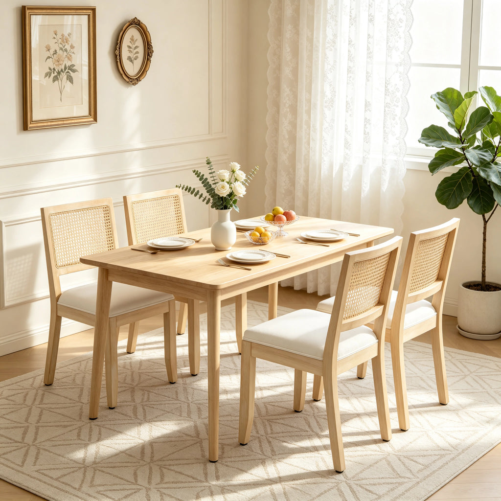 Farmhouse Rattan Dining Chairs Set of 2, Mid Century Modern Cane Kitchen Chairs with Natural Solid Wood Frame & Linen Upholstered Cushion, French Country Side Chairs for Dining Room Beige