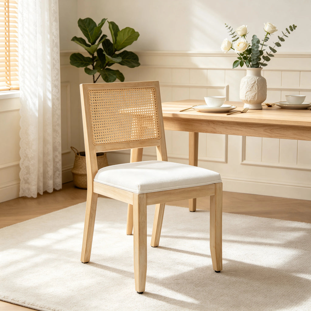 Farmhouse Rattan Dining Chairs Set of 2, Mid Century Modern Cane Kitchen Chairs with Natural Solid Wood Frame & Linen Upholstered Cushion, French Country Side Chairs for Dining Room Beige