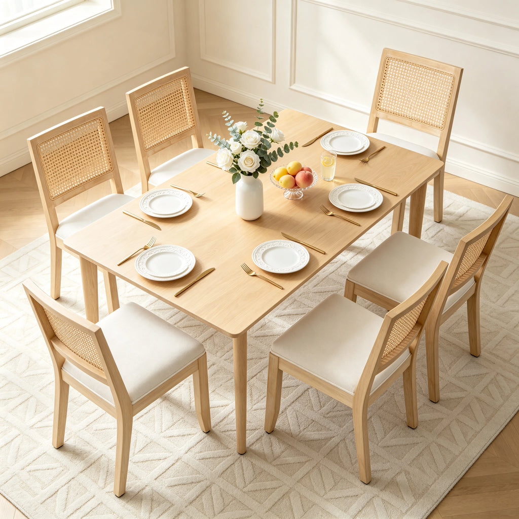 Farmhouse Rattan Dining Chairs Set of 2, Mid Century Modern Cane Kitchen Chairs with Natural Solid Wood Frame & Linen Upholstered Cushion, French Country Side Chairs for Dining Room Beige