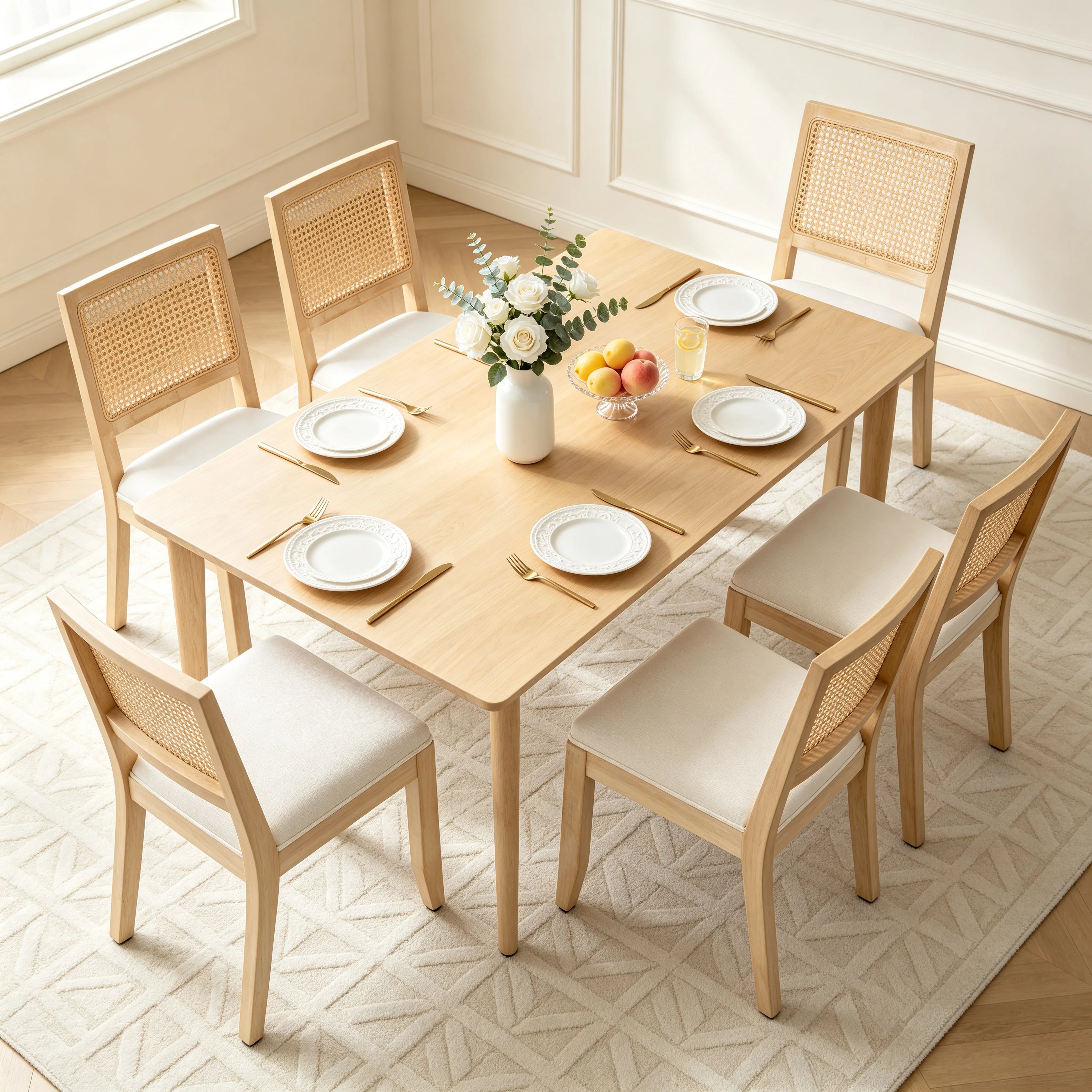 Farmhouse Rattan Dining Chairs Set of 2, Mid Century Modern Cane Kitchen Chairs with Natural Solid Wood Frame & Linen Upholstered Cushion, French Country Side Chairs for Dining Room Beige