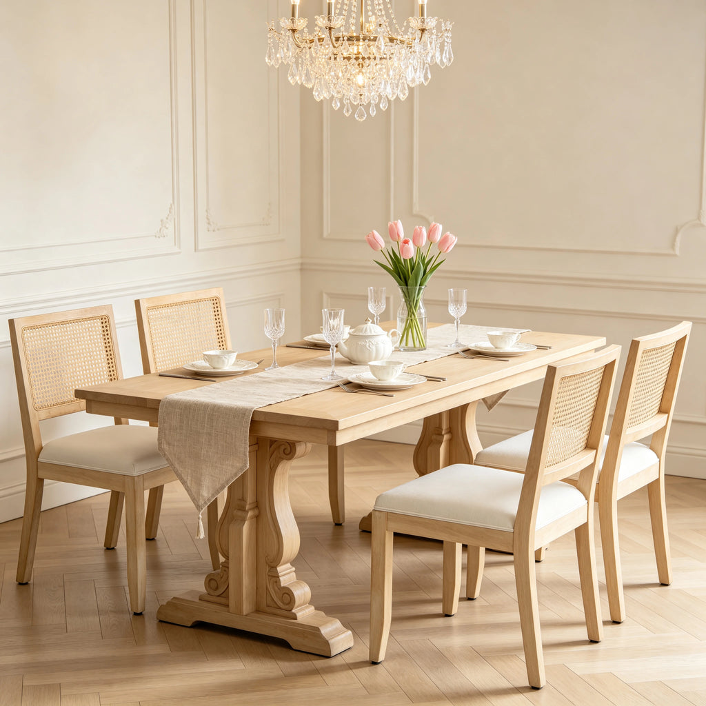 Farmhouse Rattan Dining Chairs Set of 2, Mid Century Modern Cane Kitchen Chairs with Natural Solid Wood Frame & Linen Upholstered Cushion, French Country Side Chairs for Dining Room Beige