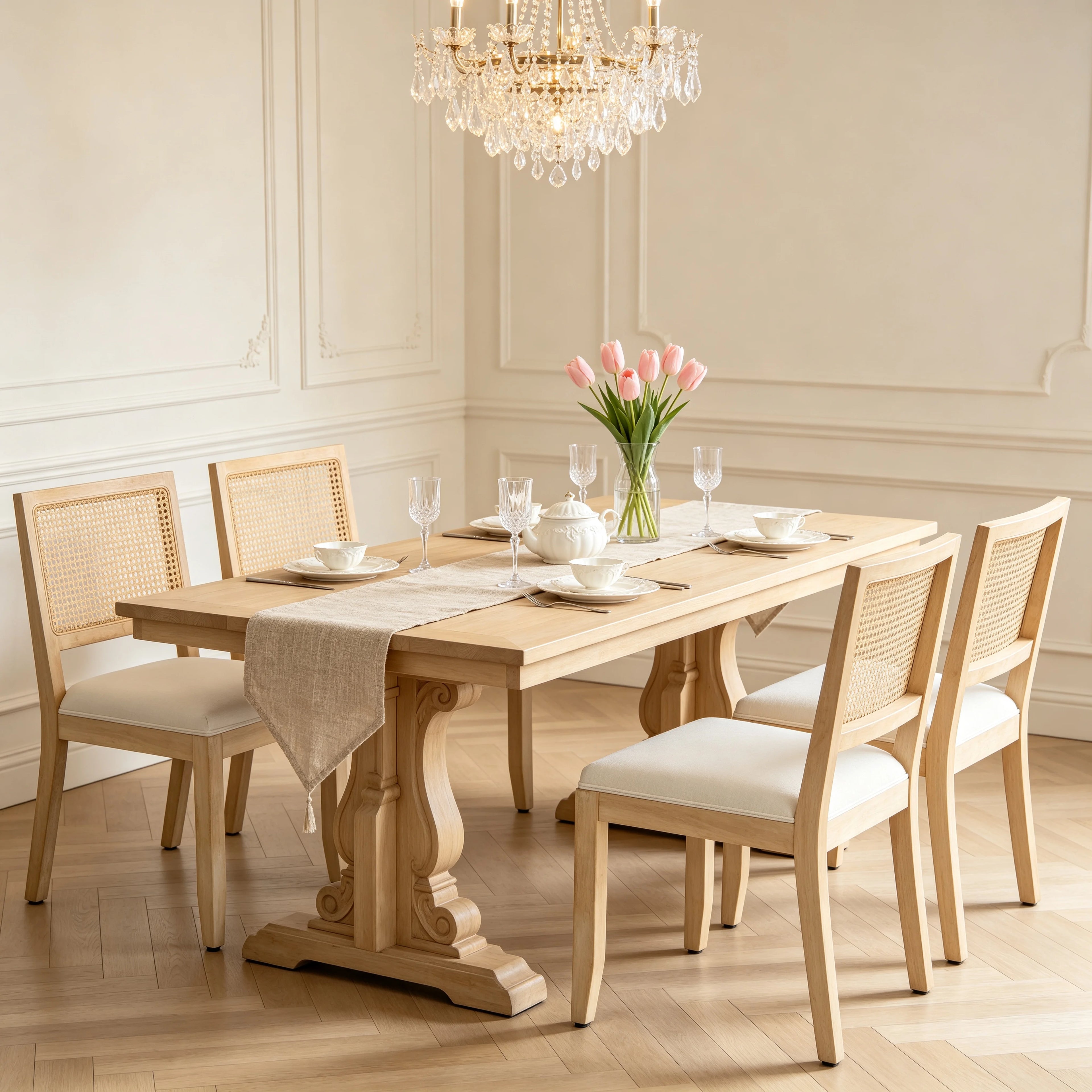 Farmhouse Rattan Dining Chairs Set of 2, Mid Century Modern Cane Kitchen Chairs with Natural Solid Wood Frame & Linen Upholstered Cushion, French Country Side Chairs for Dining Room Beige