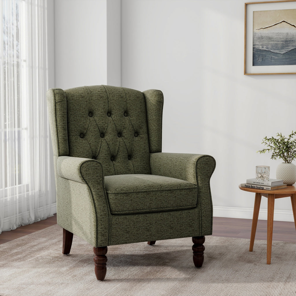 Wingback Accent Chair Upholstered Arm Chair High Back Chair Living Room with Solid Wood Frame, Tufted Green