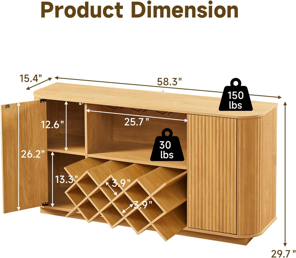Fluted Wine Bar Cabinet with Storage, 58" Buffet Sideboard Cabinet Sideboard with Wine Rack & Glass Holder, Farmhouse Wine and Coffee Bar Cabinet for Living Room, Kitchen, Natural Color