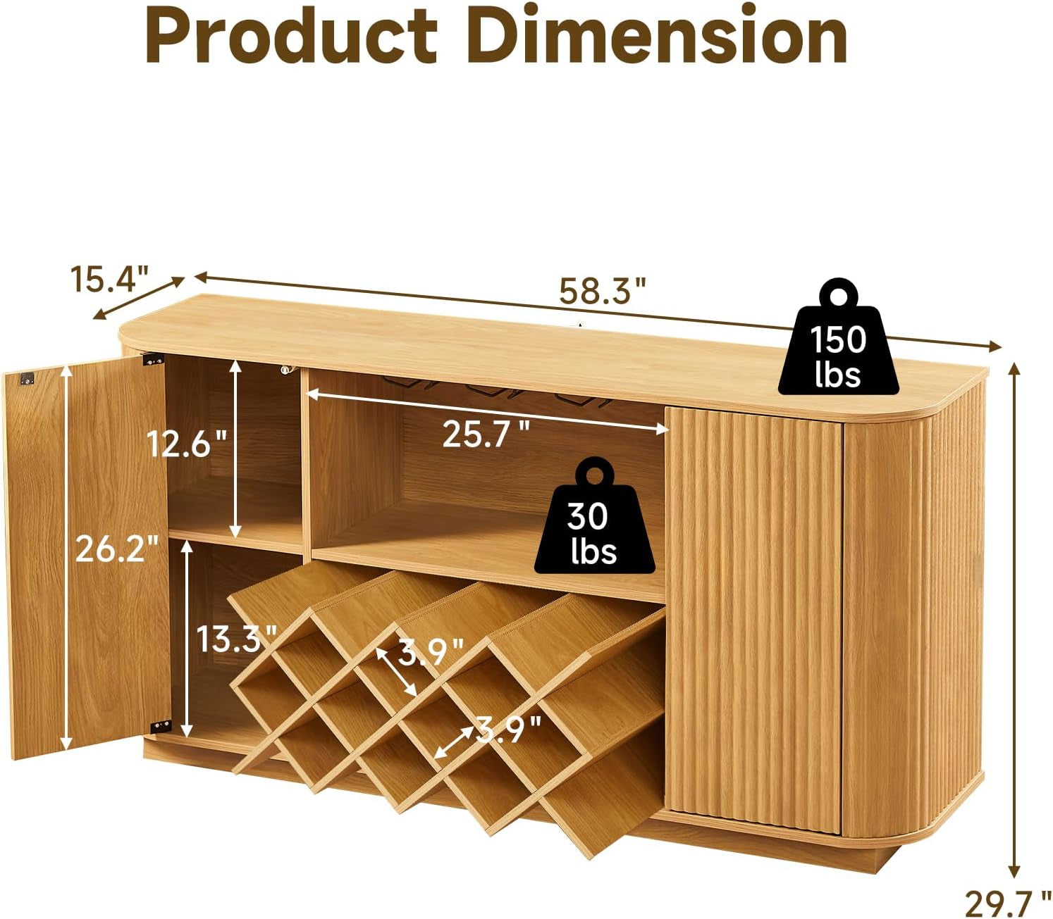 Fluted Wine Bar Cabinet with Storage, 58" Buffet Sideboard Cabinet Sideboard with Wine Rack & Glass Holder, Farmhouse Wine and Coffee Bar Cabinet for Living Room, Kitchen, Natural Color