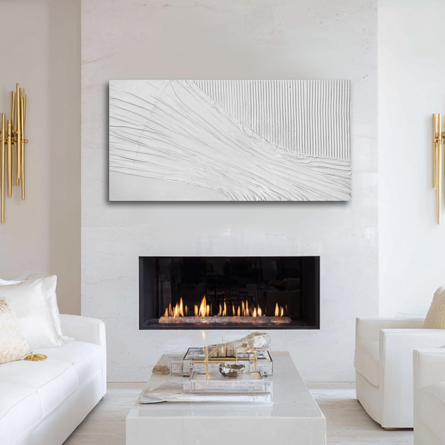 White Textured Abstract Wall Art Canvas 24X48 Inch, Hand Painted Modern Wall Art, Minimalist Neutral Wall Decor, Canvas Wall Art for Living Room Bedroom, Gallery Wrapped Ready to Hang