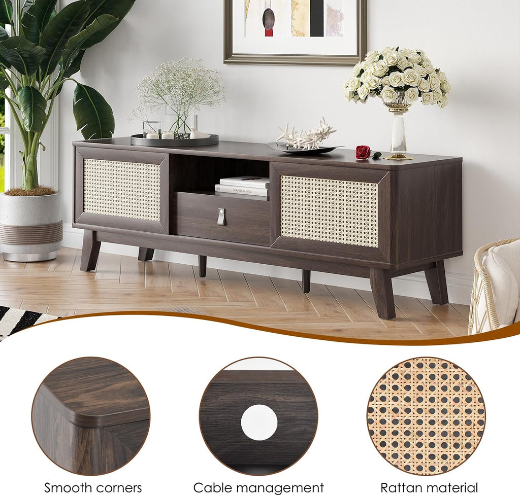 Rattan TV Stand for Tvs, Wood TV Stand Mid Century Modern TV Stand TV Media Console with Drawer and 2 Cabinets, Boho Entertainment Center for Living Room