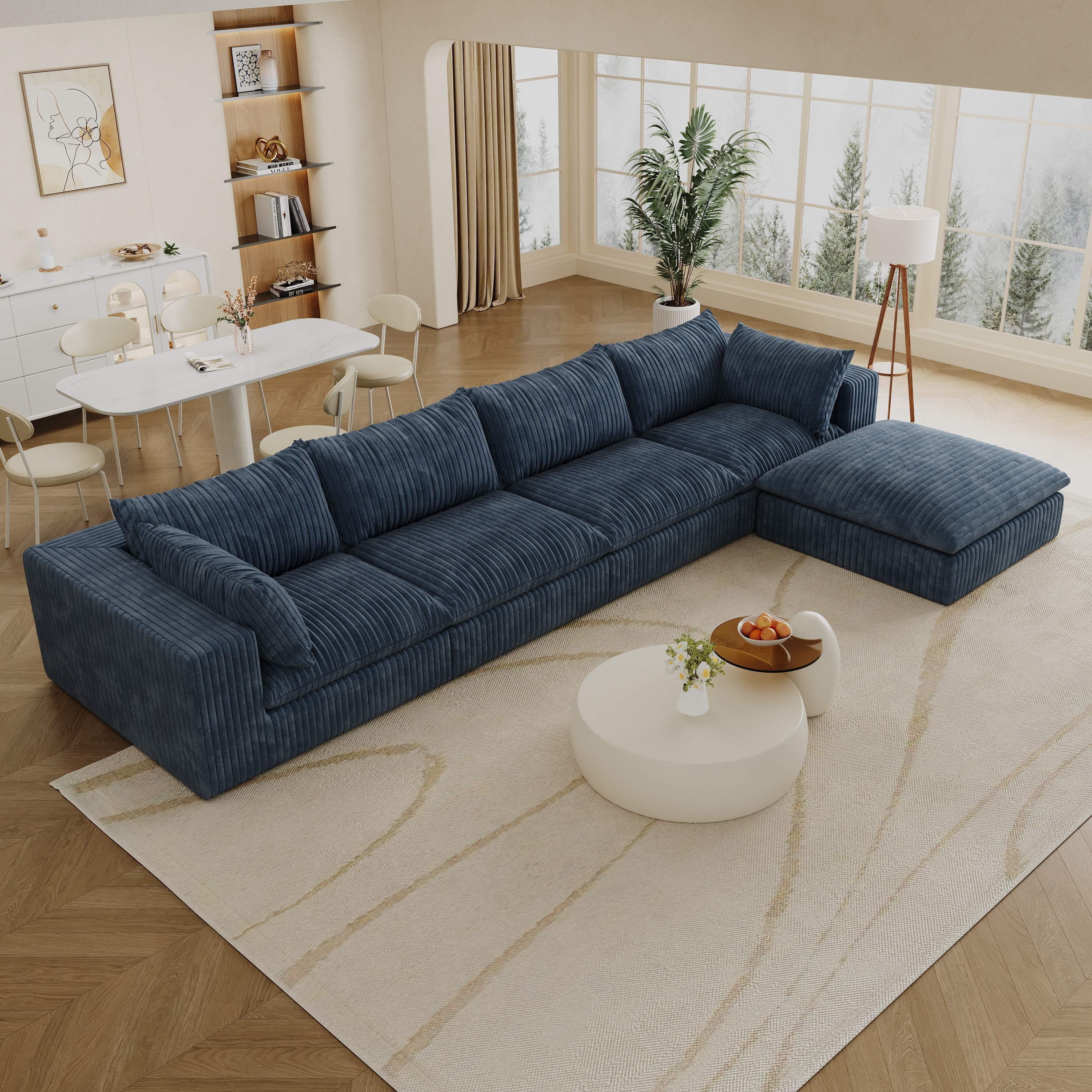 157.6” Corduroy Modular Sectional Sofa,L Shaped Sectional Sofa Couches with Movable Ottoman Chaise,Deep Seat Comfy Cloud Sofa for Living Room,Blue