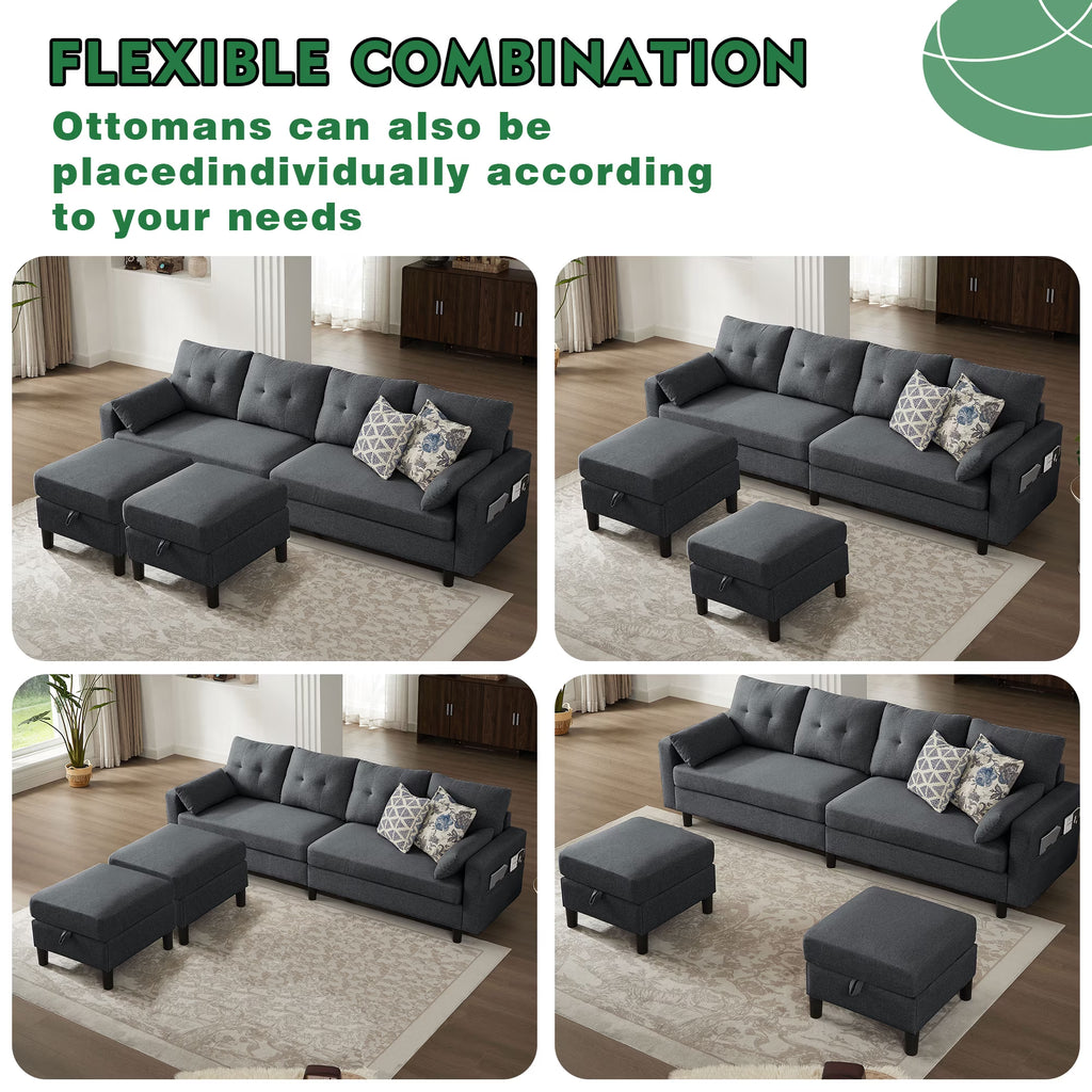 Modern Sectional Sofa with Reversible Chaise, Adjustable Backrest & Armrest, 4-Seat Convertible Couch