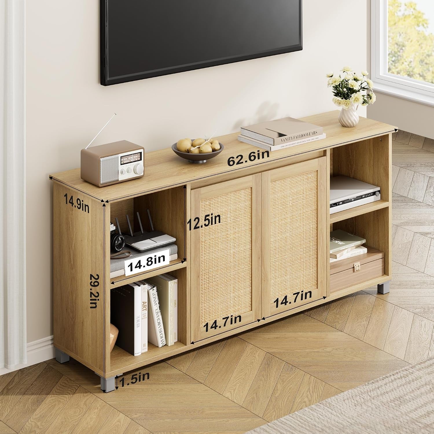 Rattan TV Stand for 65" Tvs, Natural Oak Media Console | Storage Cabinet & Adjustable Shelves, Boho Media Console, Natural Oak Finish, Rattan Doors, Living Room Bedroom