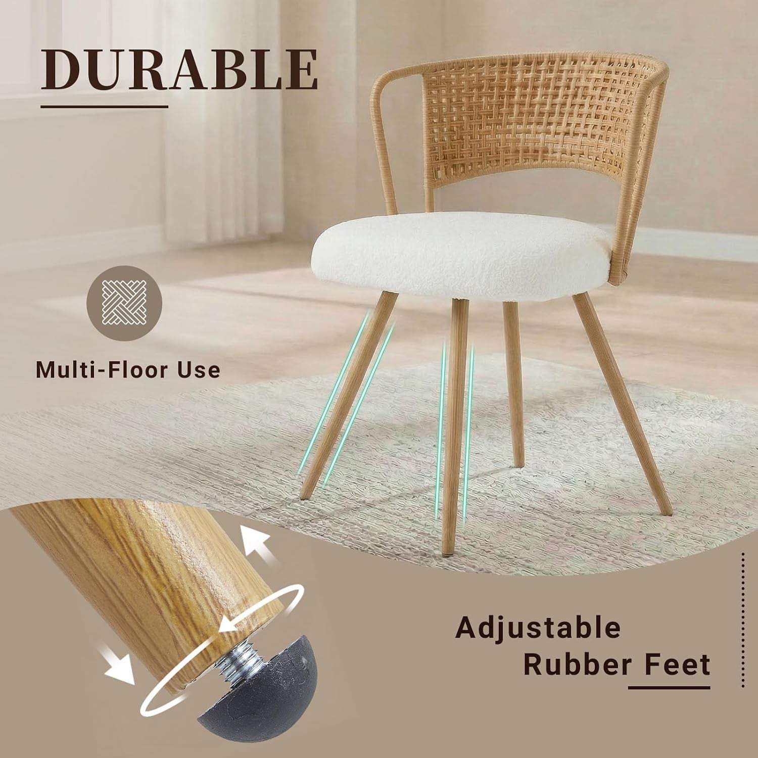 Wicker Dining Chairs Set of 4, Farmhouse Cane Back Kitchen Chairs with Upholstered Cushion, Wingback Rattan Dining Chair with Metal Legs & Adjustable Feet, Modern Dining Room Chairs, Brown