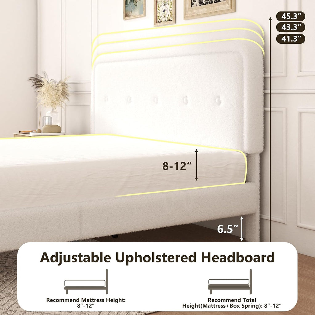 King Size Boucle Bed Frame with Adjustable Headboard, Cloud Boucle Upholstered Platform Bed Frame, Rounded Corners Design & Easy Assembly, Box Spring Optional, Noise Free, White