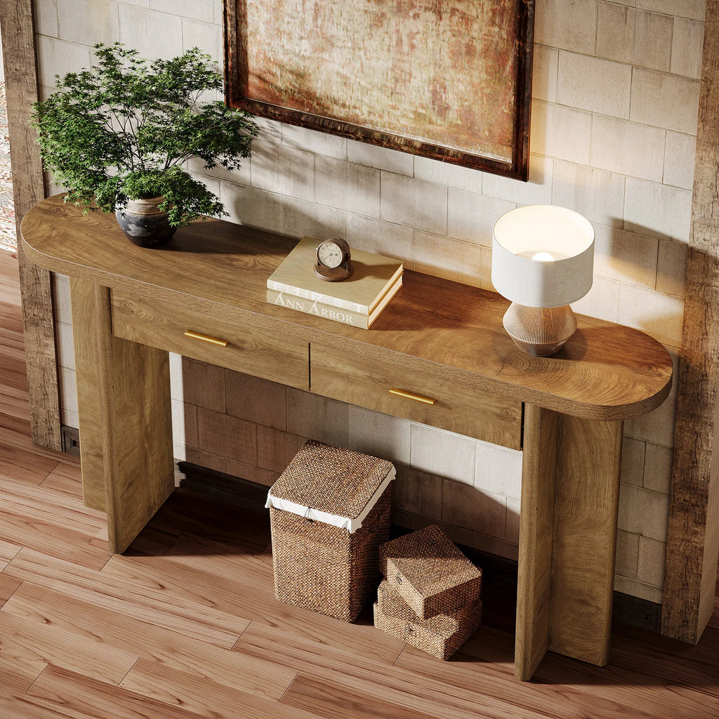 63-Inch Console Table with 2 Drawers, Farmhouse Oval Curved Entryway Table with Storage for Living Room, Hallway, Entrance, Brown