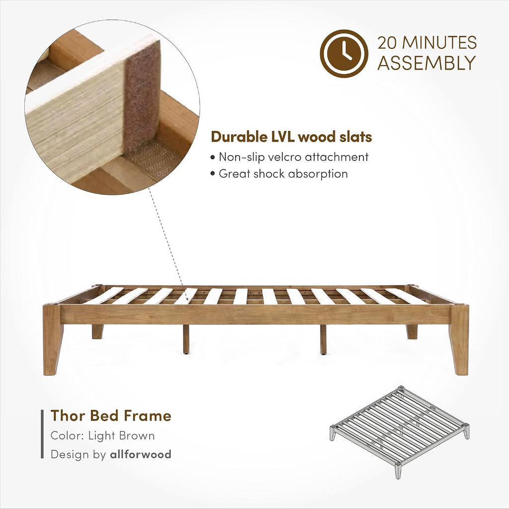 Thor Premium Solid Wood Bed Frame King, Japanese Joinery Bed Frame with Wood Slat Support, Platform Bed, No Box Spring Needed, Easy Assembly, Minimalist & Modern Style (Light Brown)