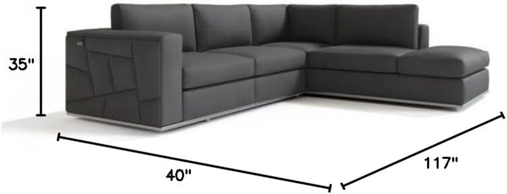Surton Top Grain Italian Leather Sectional Sofa for Living Room and Home Office, Modern Luxury L-Shaped Couch, Right Arm Facing, 117" W, Dark Gray