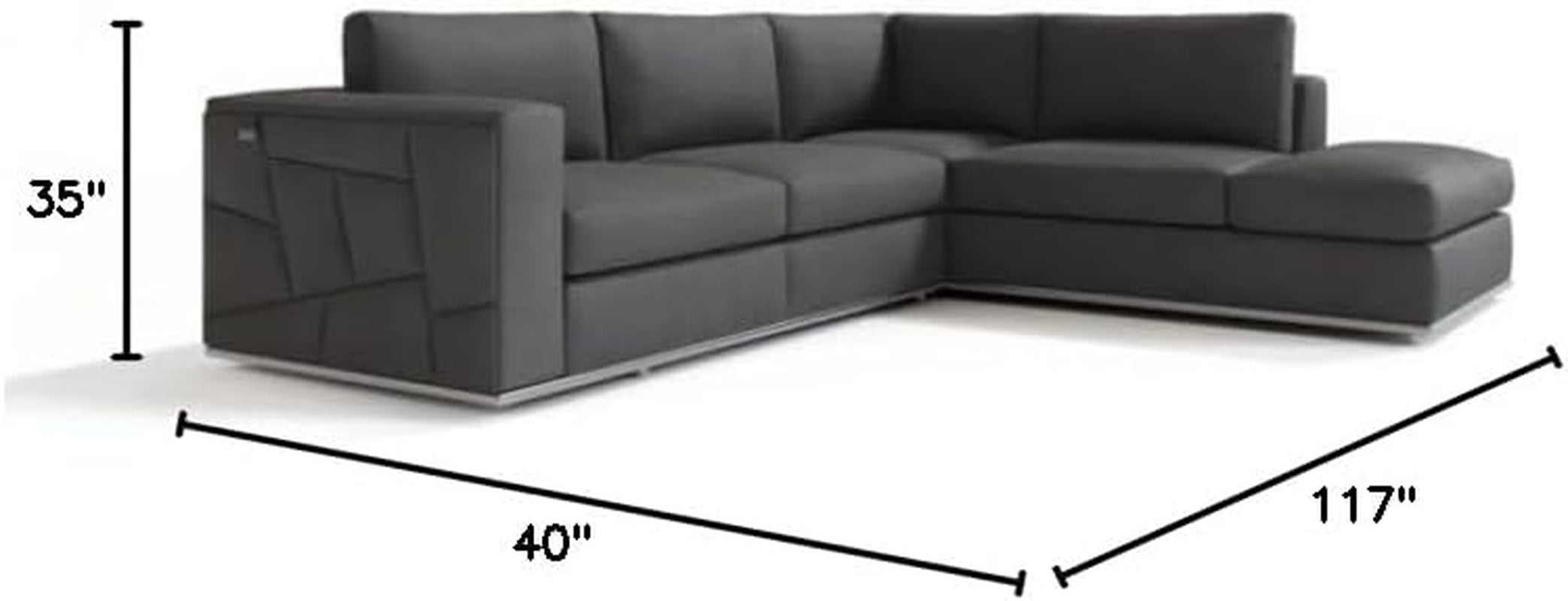 Surton Top Grain Italian Leather Sectional Sofa for Living Room and Home Office, Modern Luxury L-Shaped Couch, Right Arm Facing, 117" W, Dark Gray