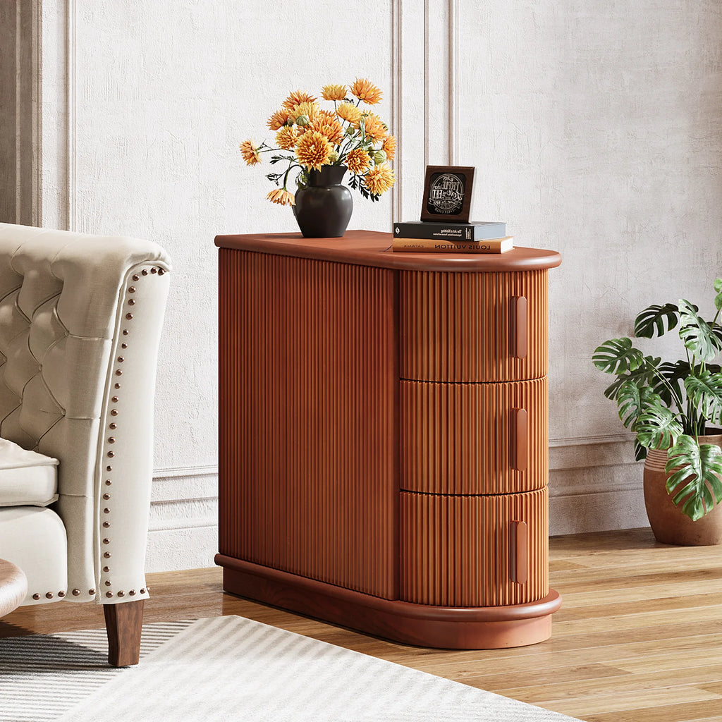 Solid Wood End Table, 3-Drawer Modern Sofa Side Table, No Assembly Required, Narrow Chair Side Table Slim Nightstand