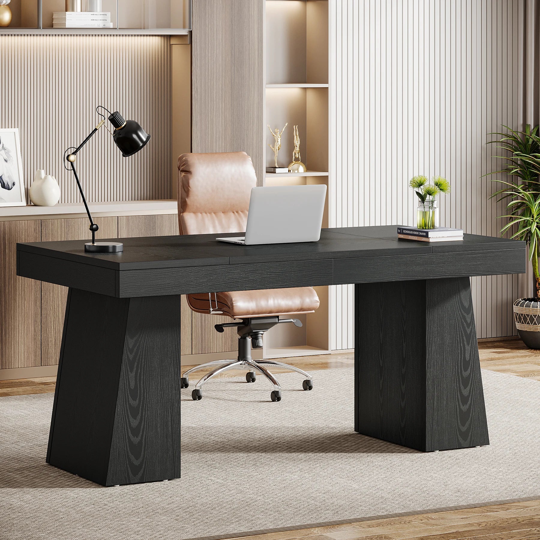 55-Inch Executive Desk, Large Wood Office Computer Desk with Double Pedestal, Modern Minimalist Workstations