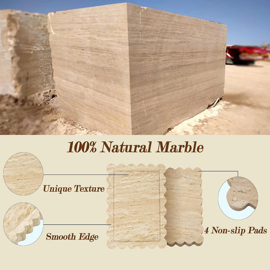 Genuine Travertine Scalloped Marble Tray, Real Natural Marble Stone Trays, Luxury Decorative Trays for Bathroom, Dresser, Vanity, Kitchen, Home Decor, 10.6" X 8", Travertine Beige