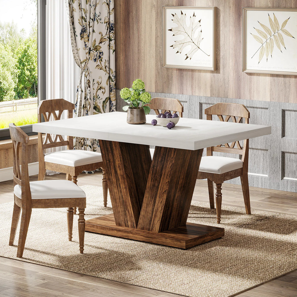 47-Inch Dining Table for 4-6, White Kitchen Dinner Table with Heavy Duty Pedestal, Farmhouse Wooden Eating Table