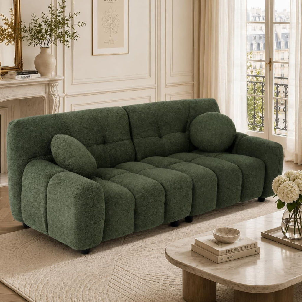 72.8" Cloud Couch Sherpa Modern Loveseat Comfy Boucle Sofa, Green | Boucle Sofa Modern Cloud Couch Comfy Loveseat, Deep Seat Sherpa Tufted Couches for Living Room, Office, Bedroom