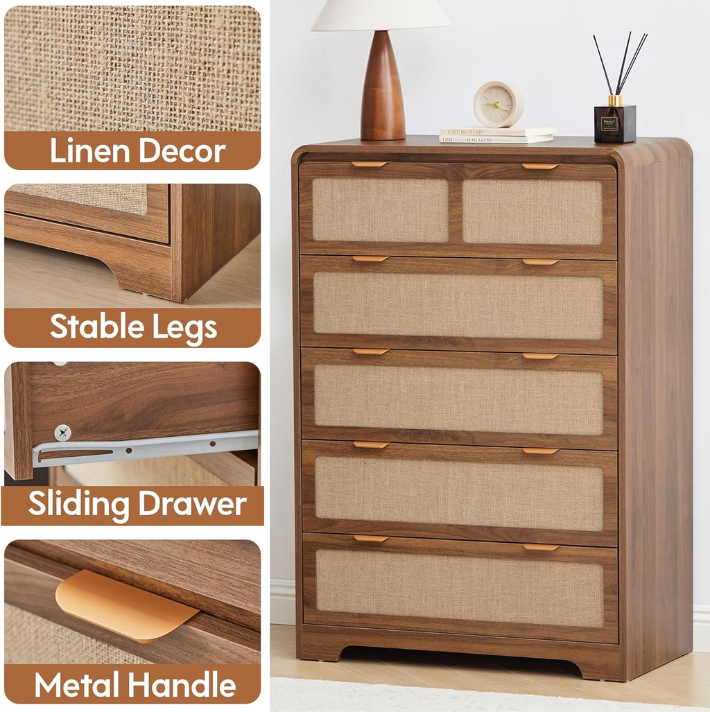 43" Tall 5 Drawer Dresser for Bedroom, Modern Wood Dresser, Walnut | Wooden Tall Dresser, Mid Century Modern Dresser with Natural Linen, Curved Wood Chest of Drawers for Living Room, Hallway