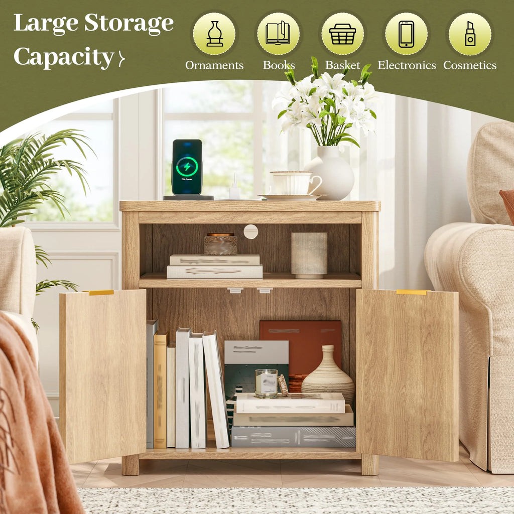 Modern Farmhouse Nightstands, Walnut/Oak Wood Bedside Table with Charging Station & Storage