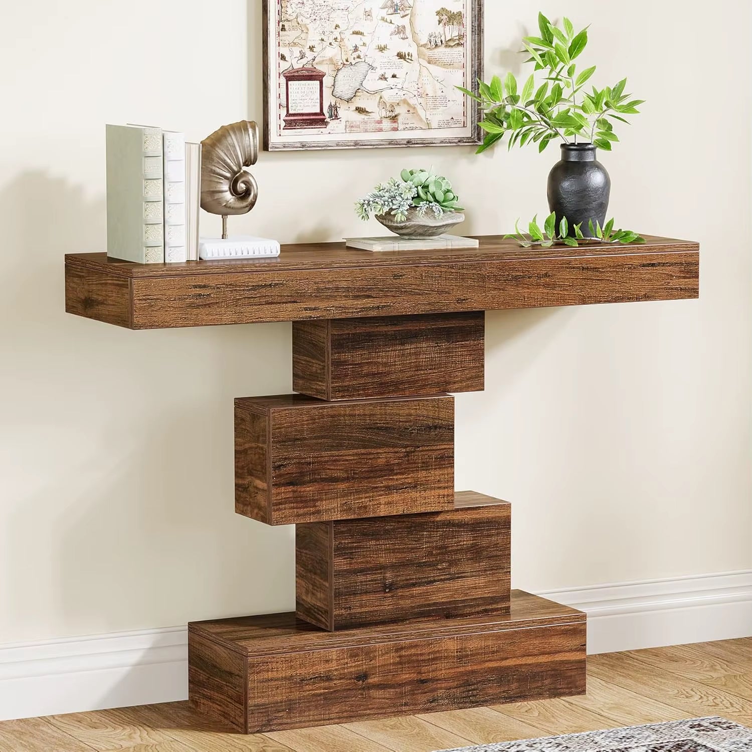 42.5" Farmhouse Console Table, Narrow Wood Sofa Table behind Couch with Geometric Base, Industrial Entryway Accent Ta