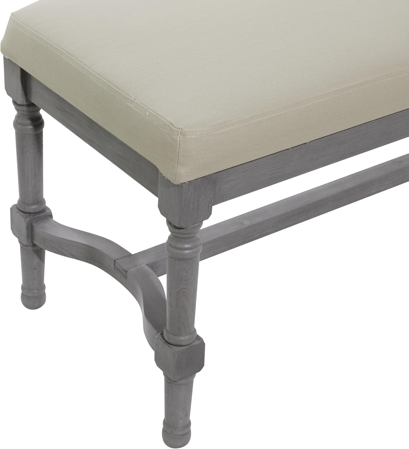 Grey wood entryway bench with burlap seat