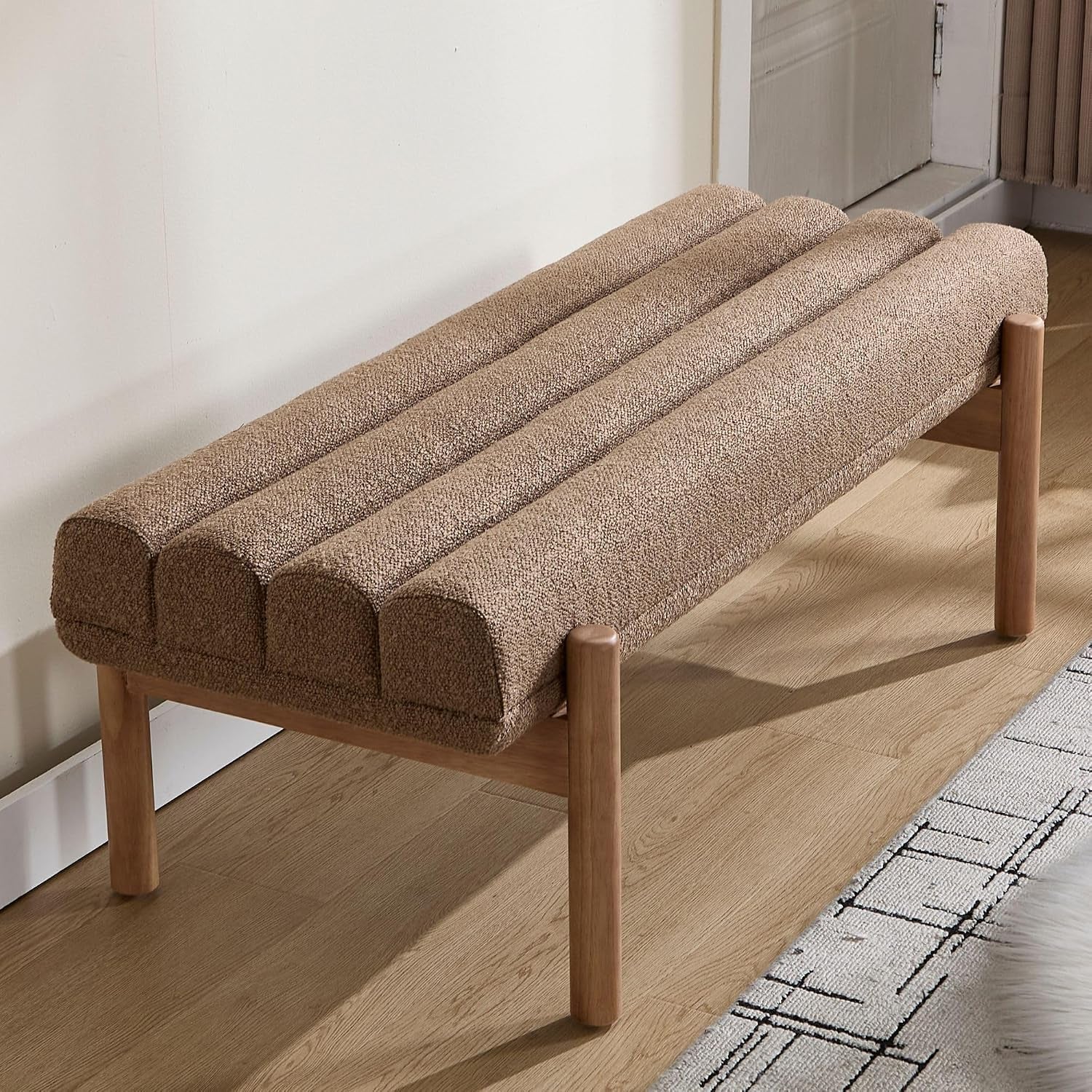 47" Upholstered Entryway Bedroom Bench End of Bed, Modern Brown Chenille Tufted Bedroom Indoor Bench with Wood Natural Finish, Entry Ottoman Bench for Hallway Window Dining Living Room