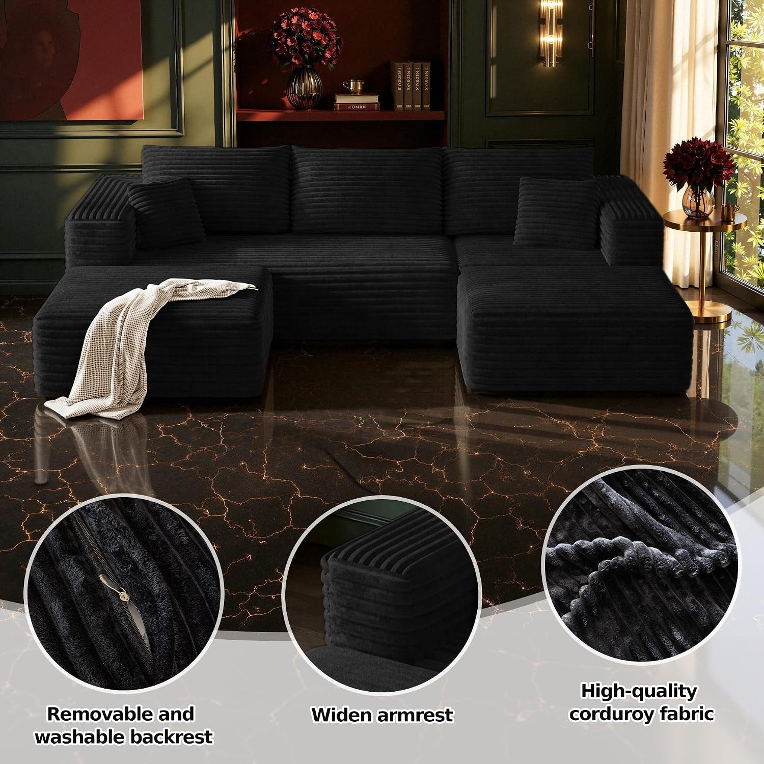 108" Boneless Sectional Cloud Couch for Living Room | U Shaped Sofa, Deep Seat, 2 Ottomans, Soft Corduroy Couches, No Assembly, Moudalr Couch in a Box (Black)