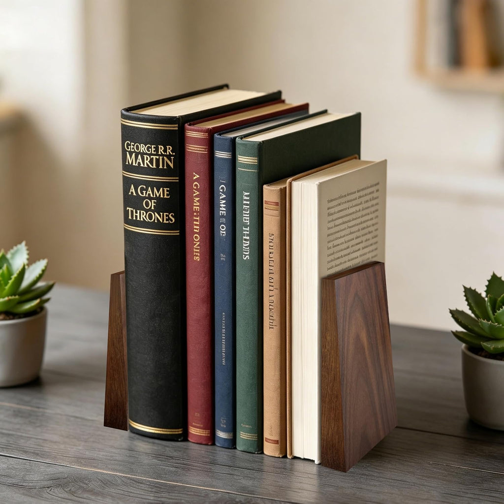 Decorative Bookends-Non Skid Triangle Walnut Bookend 6X5X4In 2Pack | Sturdy Triangle Design Bookends Supports Heavy Textbooks & Binders Upright, Adds Elegance to Desk Shelf in Office,Study,Home