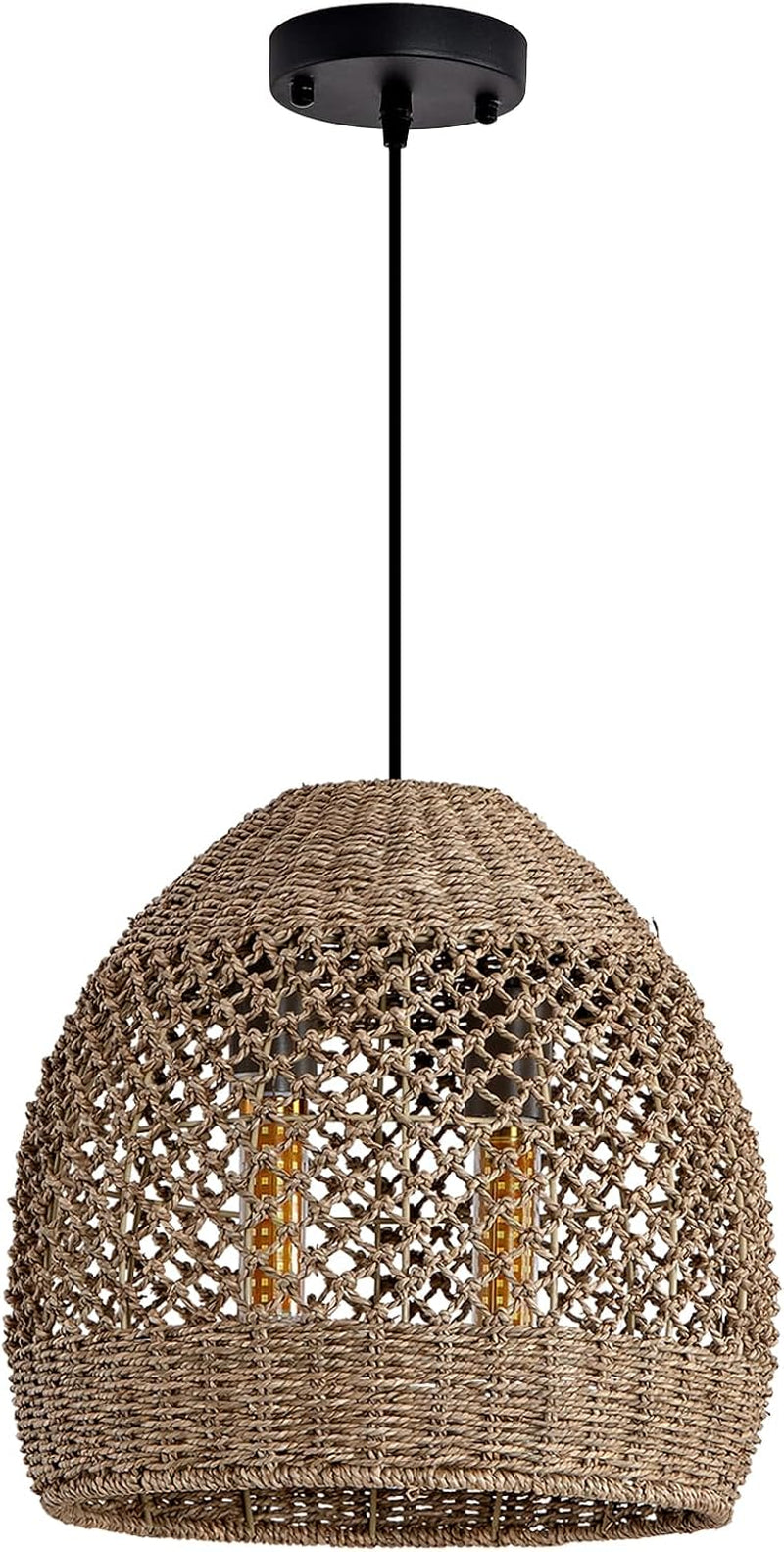 2-Light Rattan Pendant Light Boho Wicker Chandelier | 13.78" Handwoven Bamboo Lights Fixture ,Seagrass Ratan Hanging Lamp for Dining Kitchen Island Living Room Bedroom