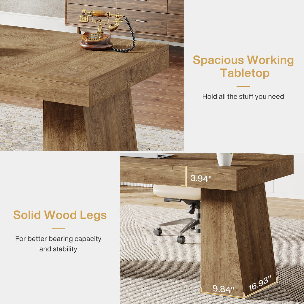 55-Inch Executive Desk, Large Wood Office Computer Desk with Double Pedestal, Modern Minimalist Workstations