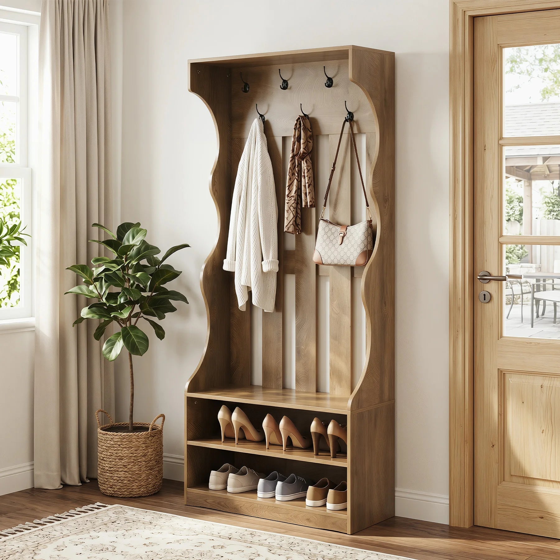 3-In-1 Coat Rack with Shoe Bench, 70.9" Tall Hall Tree with 7 Hooks, Farmhouse Entryway Coat Rack with 2 Tier Shoe Storage for Entryway, Living Room, Bedroom, Brown