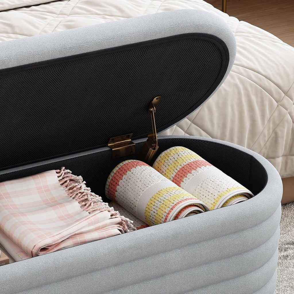 Storage Ottoman Bench,Chenille Upholstered Fabric Storage Bench for Bedroom End of Bed,Oval Ottoman with Storage & Safty Hinges,Entryway Bench for Living Room,Hallway,Front of Window,40"