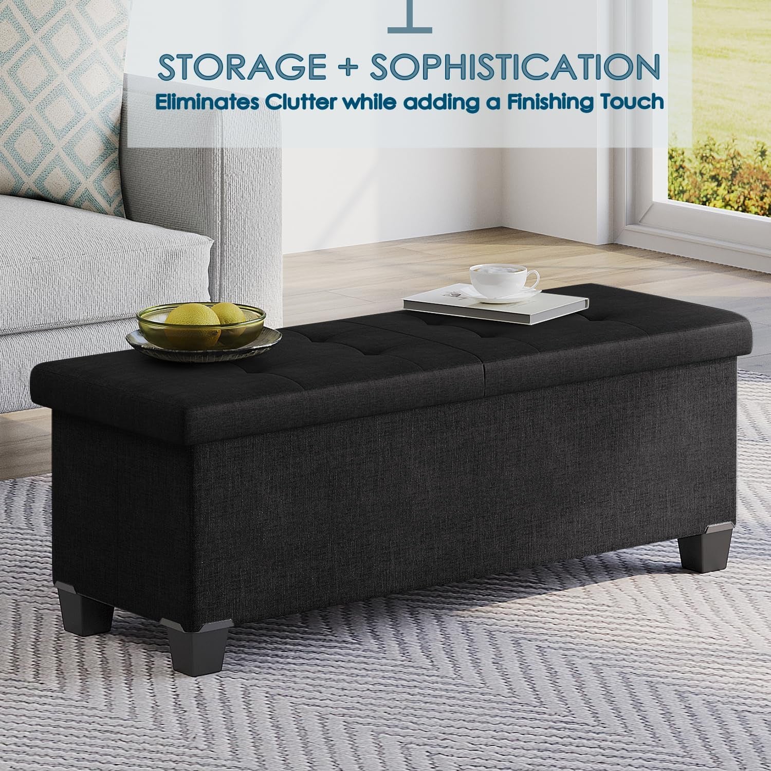 Storage Ottoman Bench with Storage Bins, 43-In Storage Bench for Bedroom End of Bed, Large Ottoman Foot Rest, Black Ottoman with Storage for Living Room, Bench with Storage Max 660Lbs, Fabric Ottoman