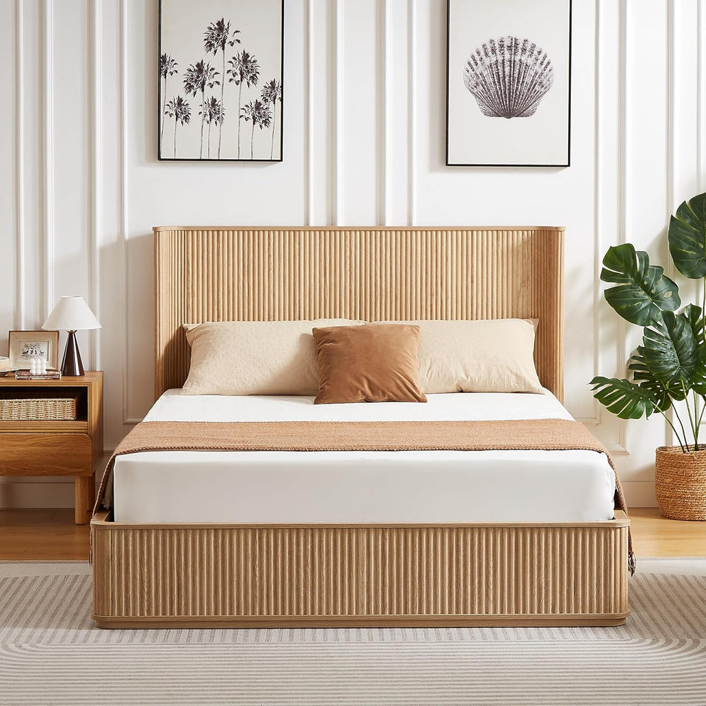Queen Bed Frame with 44" Tall Fluted Headboard, Natural Oak Platform Bed Frame, Modern Wood Bed Frame with Solid Slats, No Box Spring Needed, Noise-Free, Easy Assembly