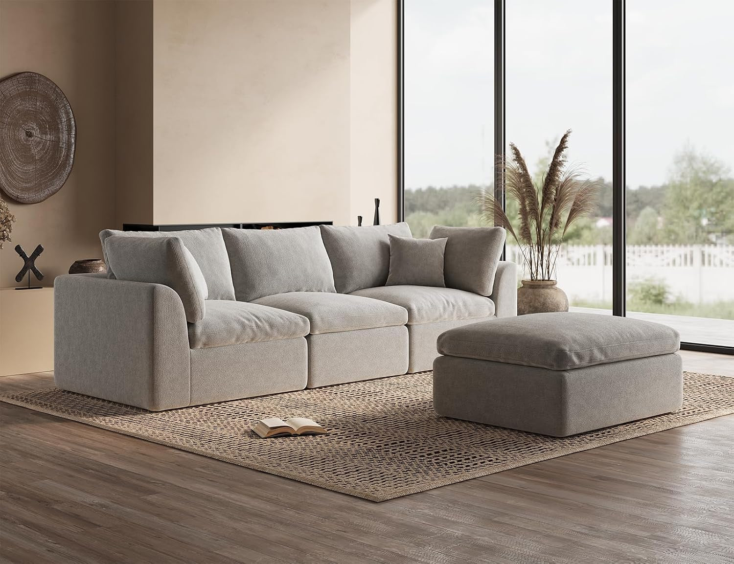 110" Cloud Sectional Couches for Living Room, Boneless L-Shape Couch with Ottoman, 3 Seater Modular Sectional Sofa, Light Grey