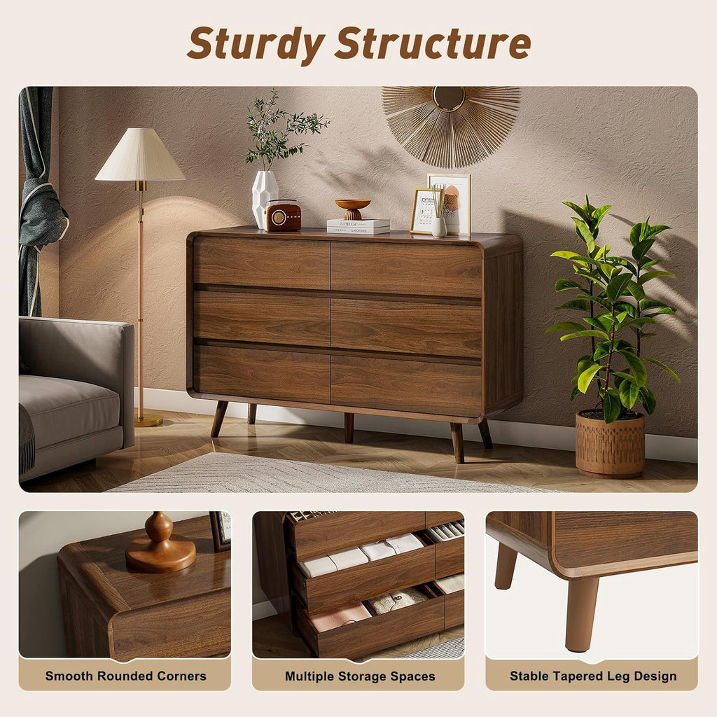 Mid Century Modern Dresser for Bedroom, 47'' Wide Dressers & Chests of Drawers with 6 Storage Drawers, Wood TV Stand Dresser for Closet, Walnut