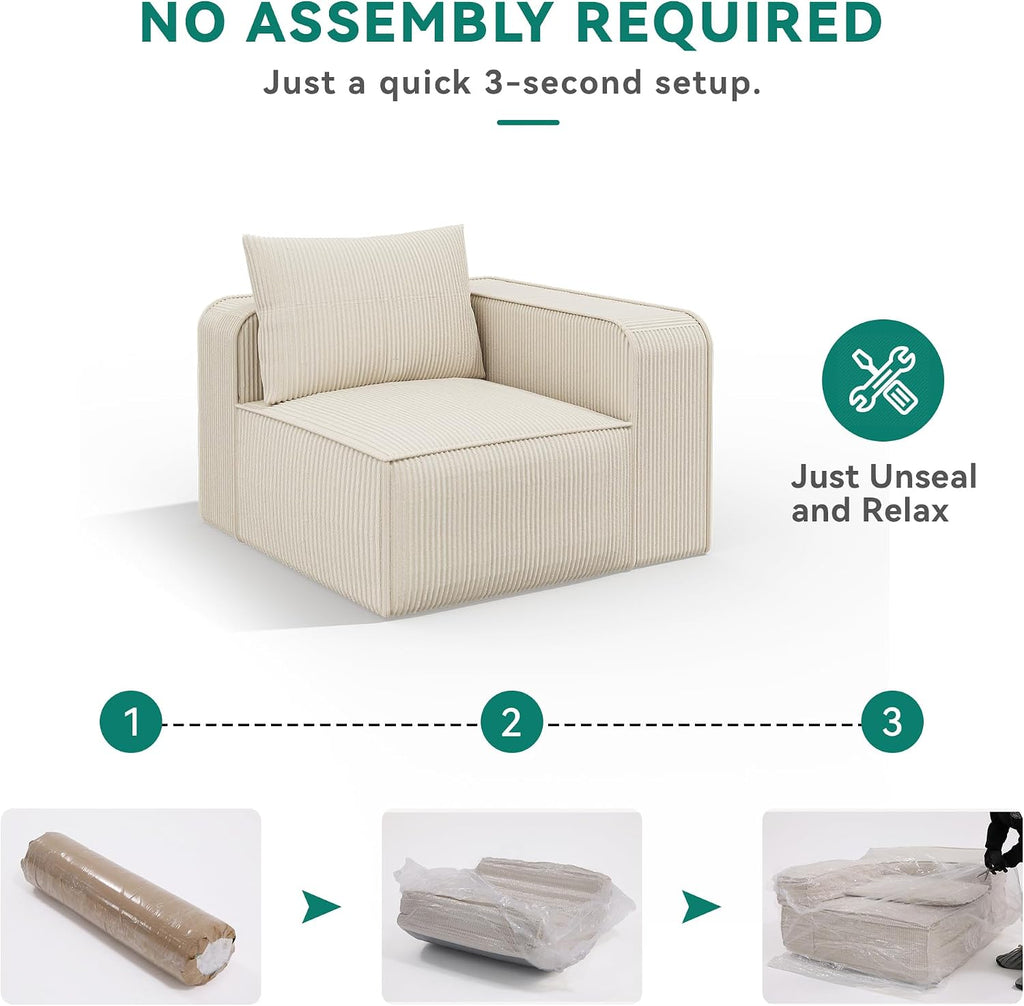 Oversized Deep Modular Sectional Sofa, 3-Seat Couch with 3 Pillows | Corduroy Sectional Couches for Living Room, Apartment, Office, Hotel, Bedroom, No Assembly Needed, Milky White