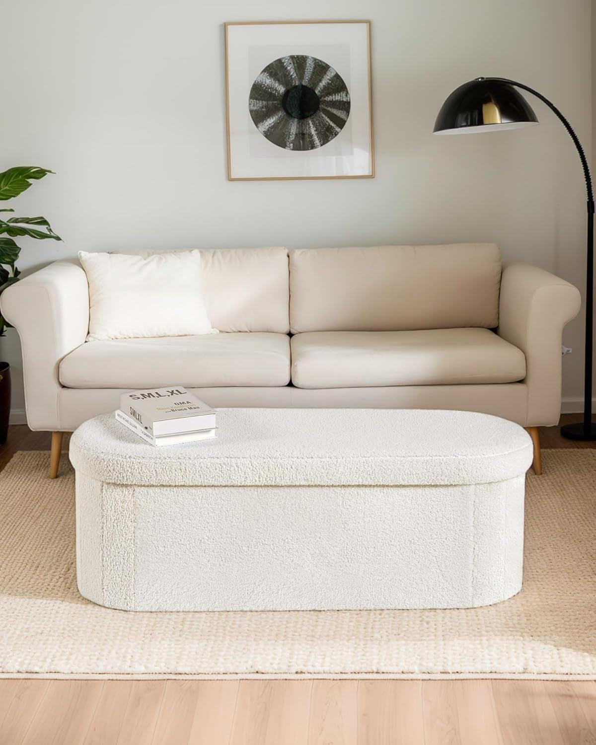 43.3 Inches Foldable Storage Ottoman Bench, Oval Footrest | Teddy Boucle Fabric, Hidden Storage, Soft Padded Seat, End of Bed Bench for Bedroom, Living Room and Entryway, White