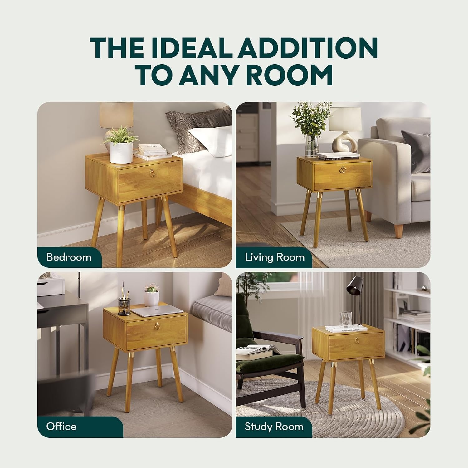 Golden natural wood nightstand with drawer